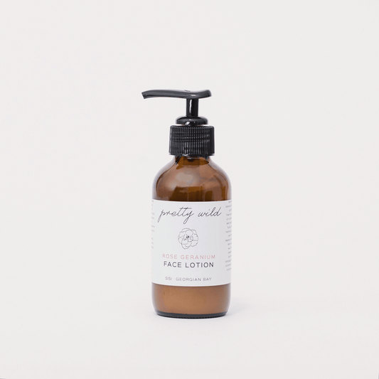 pretty wild rose geranium natural face lotion in an amber glass bottle with a pump lid