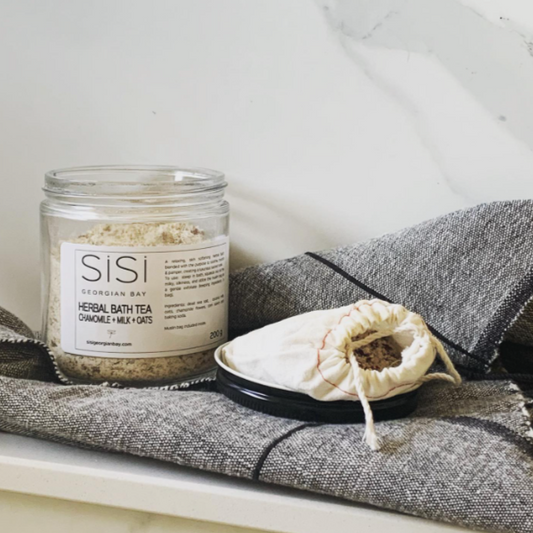 SiSi Georgian Bay Herbal Bath Tea jars includes muslin bag to refill for less waste