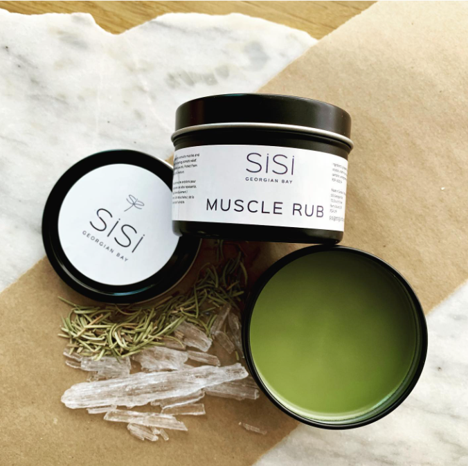SiSi Georgian Bay Muscle Rub handcrafted with menthol crystals, emollient oils, beeswax and an essential oil blend