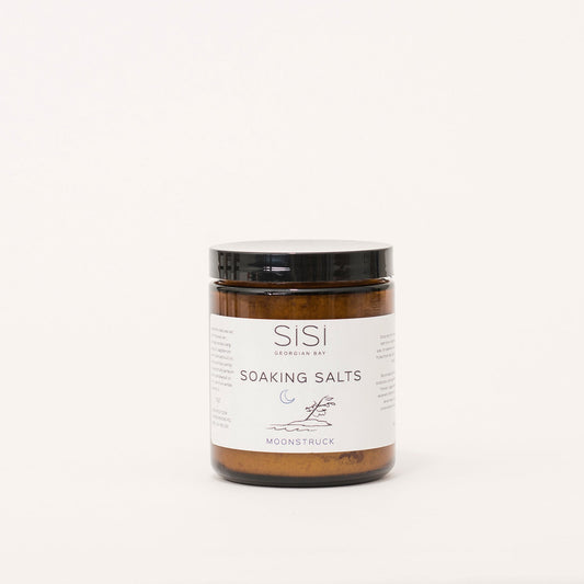 Bath and Body Products - SiSi Georgian Bay Soaking Salts - Moonstruck scent in amber glass jar with nature inspired label