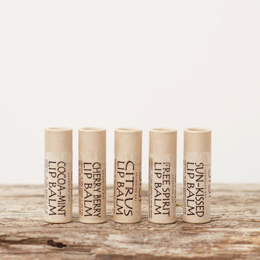 Natural skincare - SiSi Georgian Bay Lip Balm.  Nutritious butters, oils and beeswax create moisturizing lip balms to gently soothe dry, chapped lips, and keep them feeling soft and smooth. We just love these natural kraft paper tubes, biodegradable = good for the planet.