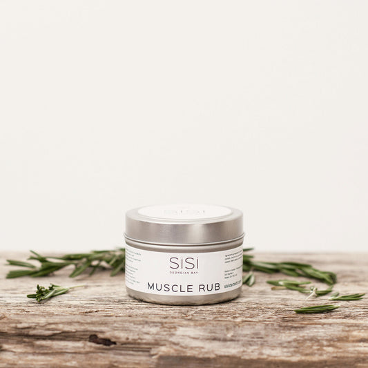 Healing herbal balms - natural skincare products - SiSi Georgian Bay muscle rub. Menthol crystals and essential oils create a topical aromatherapy rub, to ease the pain from tired sore muscles. Rub on affected areas and feel the relief as this aromatic remedy works it magic.