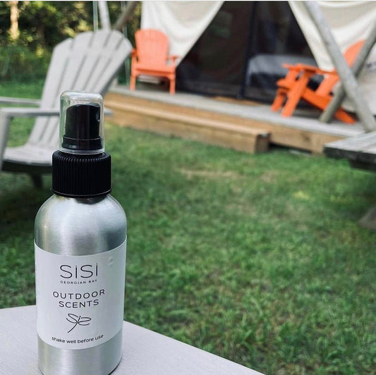 Aromatherapy Products - SiSi Georgian Bay natural skincare products.  Outdoor Scents using the power of nature, Outdoor Scents combines&citronella, lemongrass, catnip and other pure essential oils, in a witch hazel and soybean oil-base. A convenient spray bottle makes it easy to apply and the aroma is pleasant and citrusy.