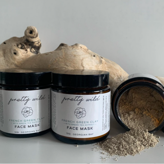 pretty wild french green clay mask with green tea extract and cucumber peel extract handcrafted by SiSi Georgian Bay natural skincare