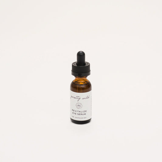 Natural Face Serums - natural skincare products - northern Ontario - SiSi Georgian Bay "pretty wild" Revitalize Eye Serum. Revitalize delicate skin around the eyes, reduce the appearance of fine lines and wrinkles and keep skin looking healthy and smooth. Evening primrose, meadow foam, rose-hip and carrot seed oils are rich in vitamins, antioxidants and essential fatty acids to nourish, hydrate and moisturize skin, and promote cell regeneration.