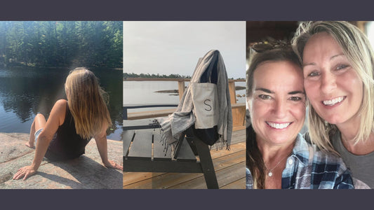Women enjoying nature and a view of Georgian Bay, featuring a SiSi Georgian Bay tote bag.