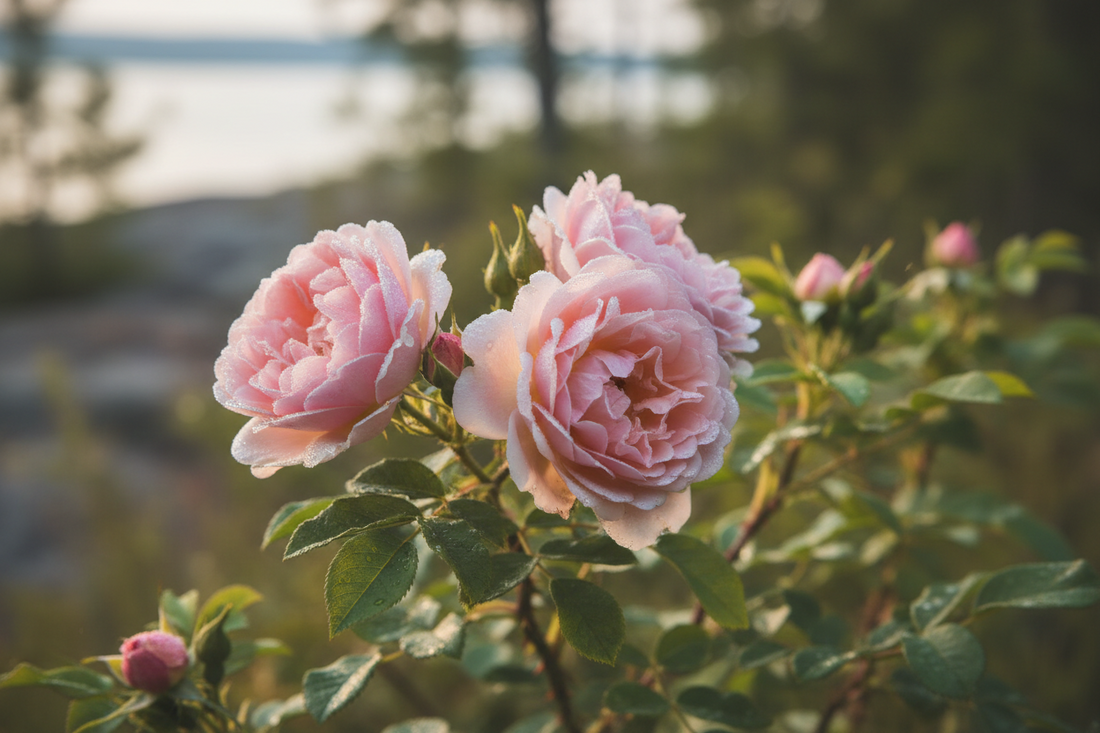 wild roses blooming along Georgian Bay in soft spring light