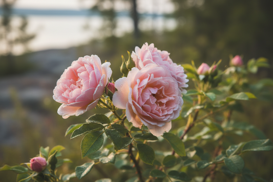 wild roses blooming along Georgian Bay in soft spring light