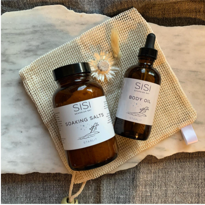 A lovely pair of SiSi Georgianbay natural body care products - soaking salts and body oil