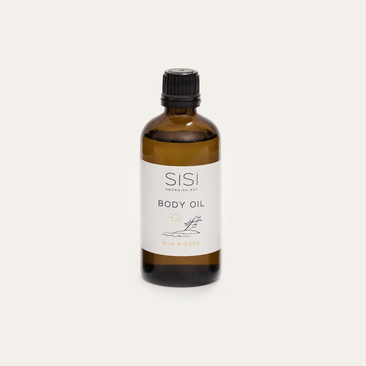 Sunkissed body oil in a 4oz amber glass bottle on a creamy white background