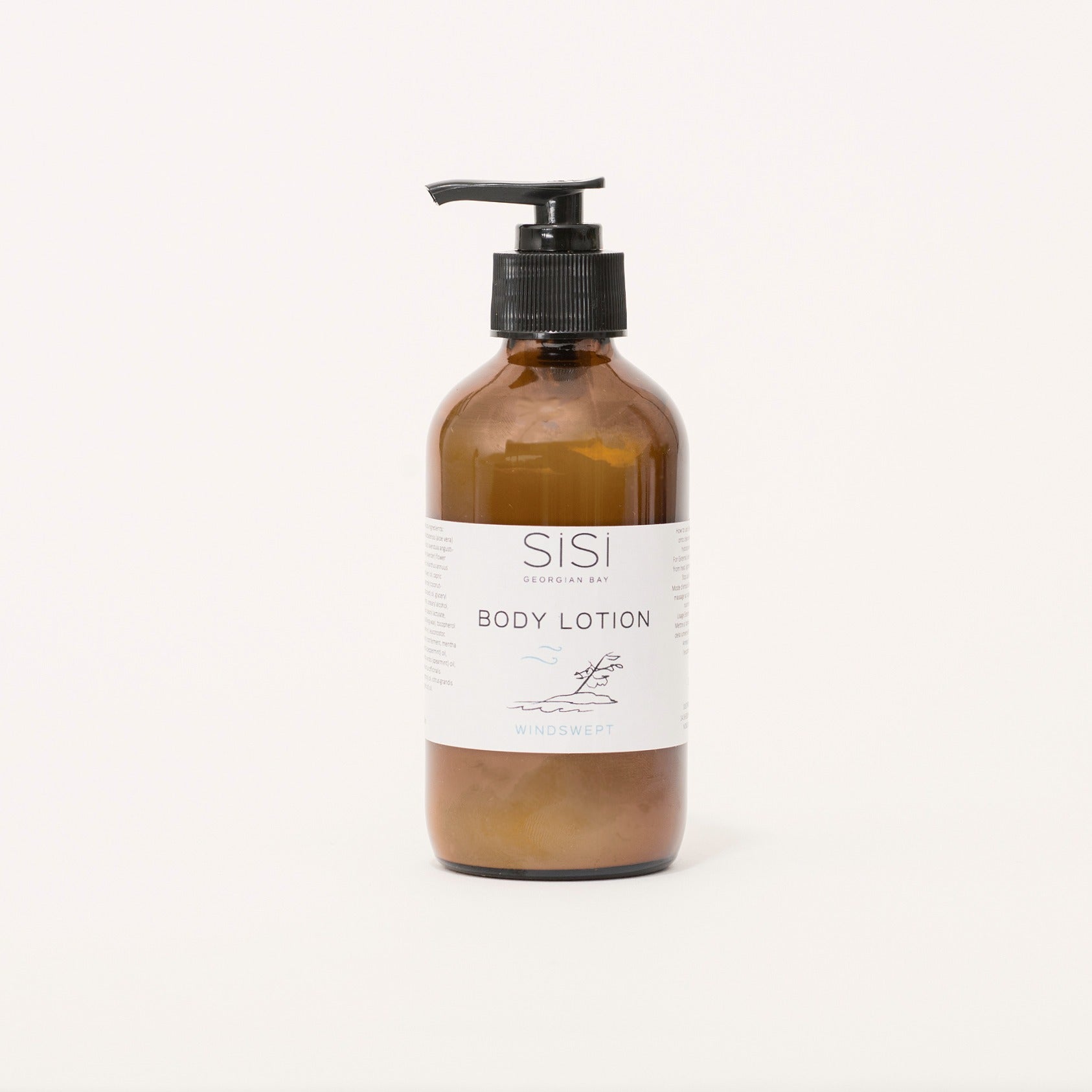 Windswept Body Lotion in an 8oz bottle and pump top lid with our gorgeous hand drawn label
