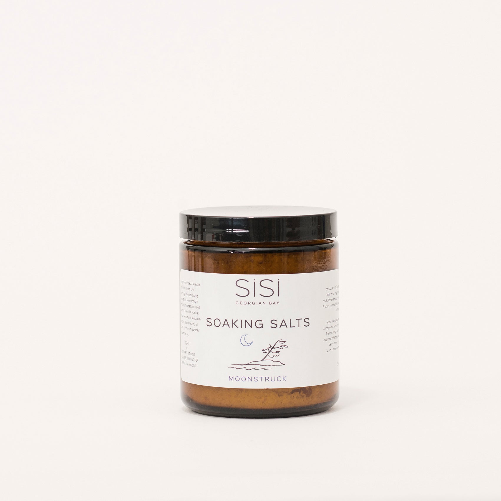 Apothecary Bath and Body Products - SiSi Georgian Bay Soaking Salts in amber glass jars with nature inspired artsy labels on a creamy white background