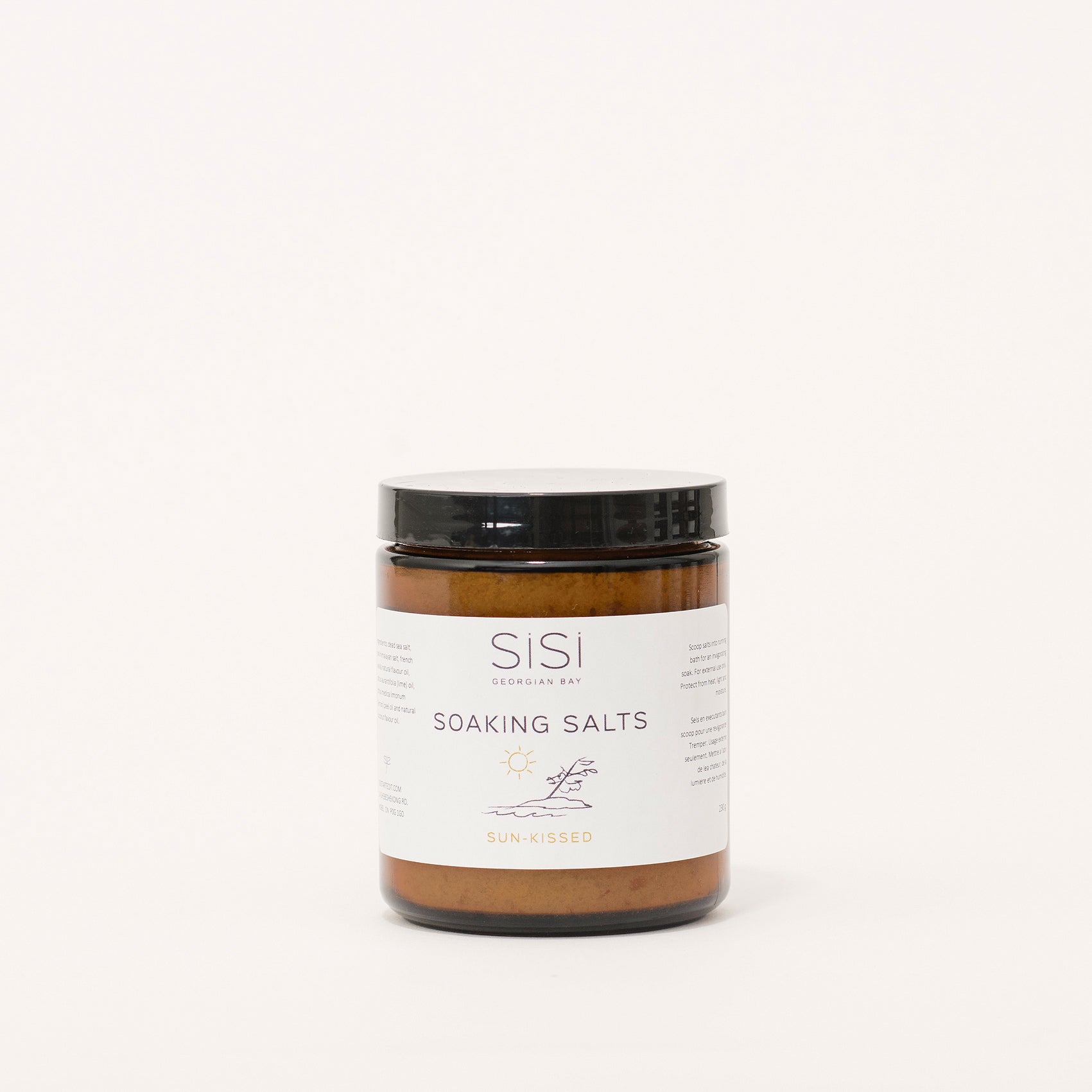 Apothecary Bath and Body Products - SiSi Georgian Bay Soaking Salts in amber glass jars with nature inspired artsy labels on a creamy white background