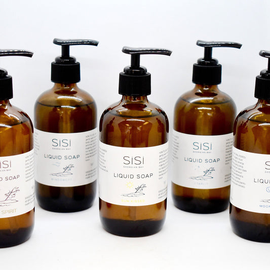 natural skincare products - organic liquid soap - SiSi Georgian Bay - amber glass bottles with pump top lid