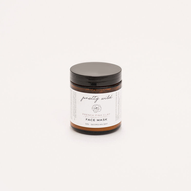 Clean beauty care products - SiSi Georgian Bay "pretty wild" face mask in an amber glass jar on a creamy white background
