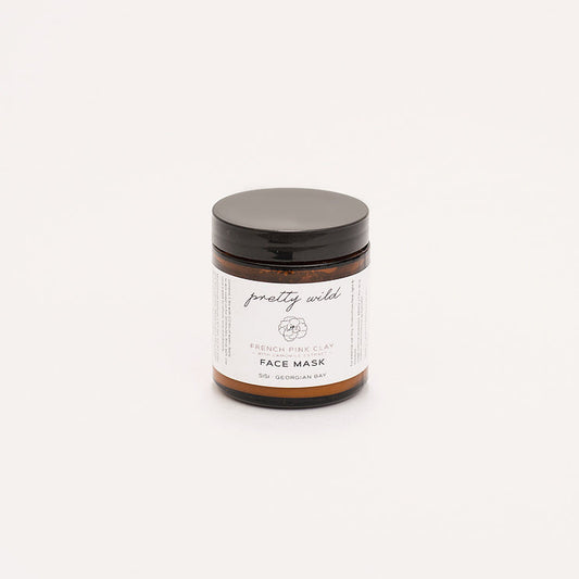 Clean beauty care products - SiSi Georgian Bay "pretty wild" face mask in an amber glass jar on a creamy white background